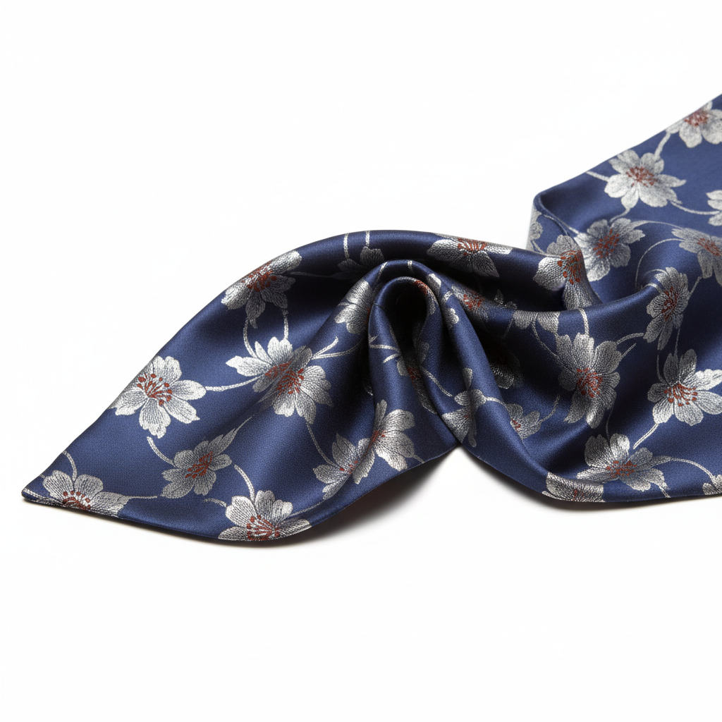 Cravată de mătase cu motiv floral, nervuri albastre