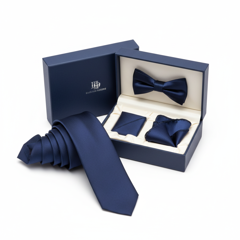 Set cu cravată business, papion bărbătesc, batistă și accesorii bleumarin