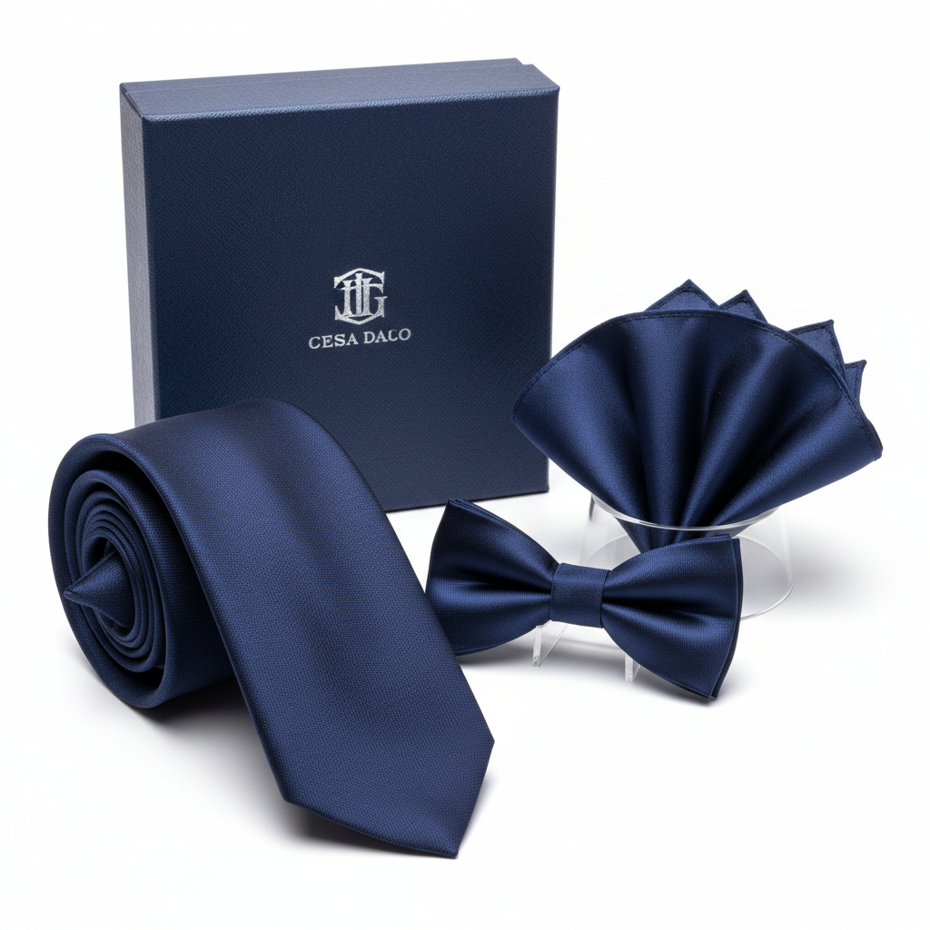 Set cravată business, papion, batistă bleumarin