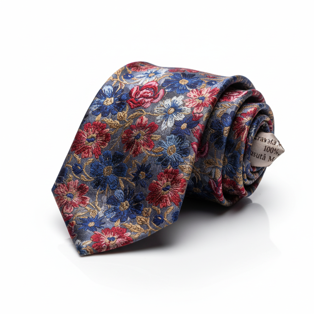 Cravată de mătase impresionantă cu flori pe fundal albastru-porumbel