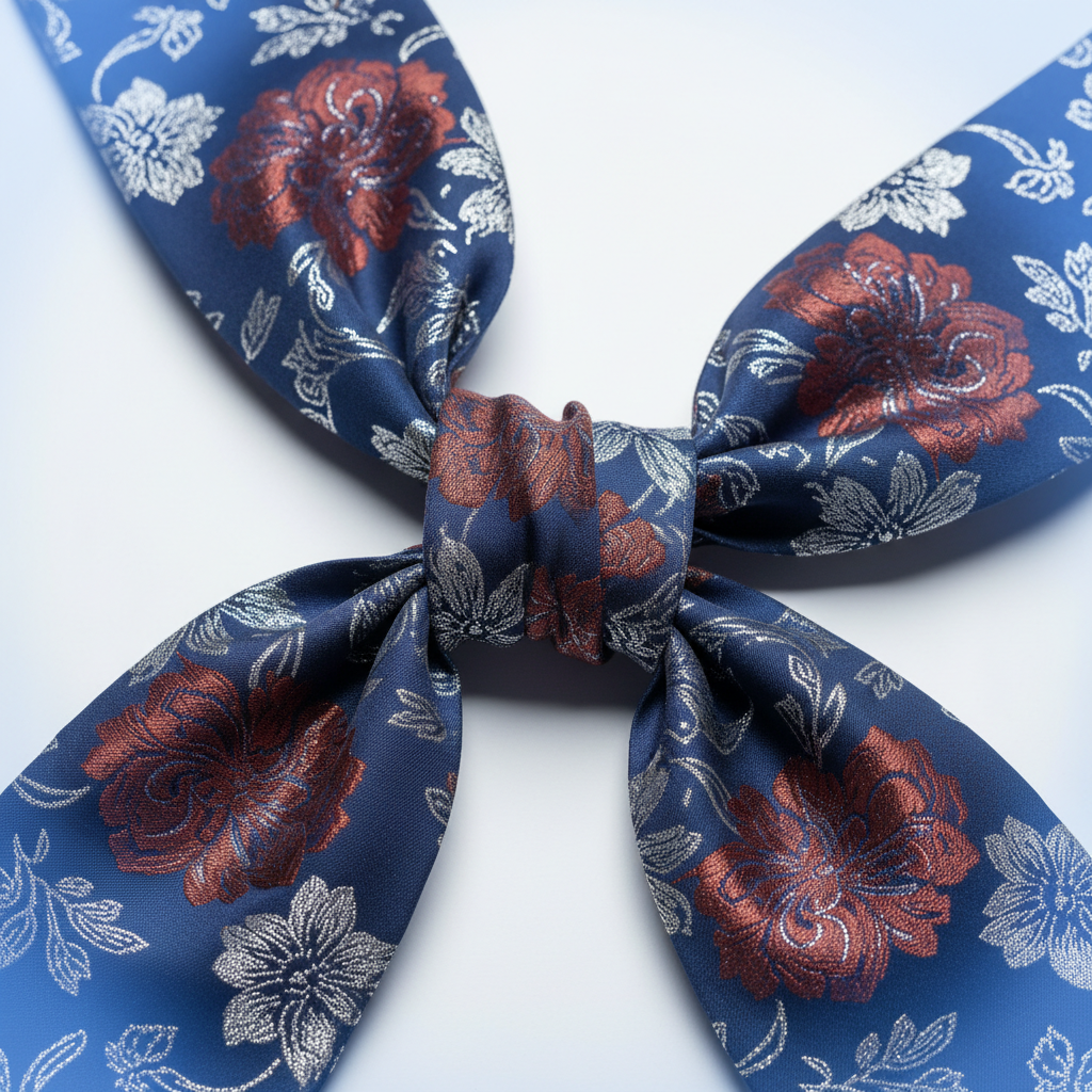 Cravată de mătase cu motiv floral, nervuri albastre