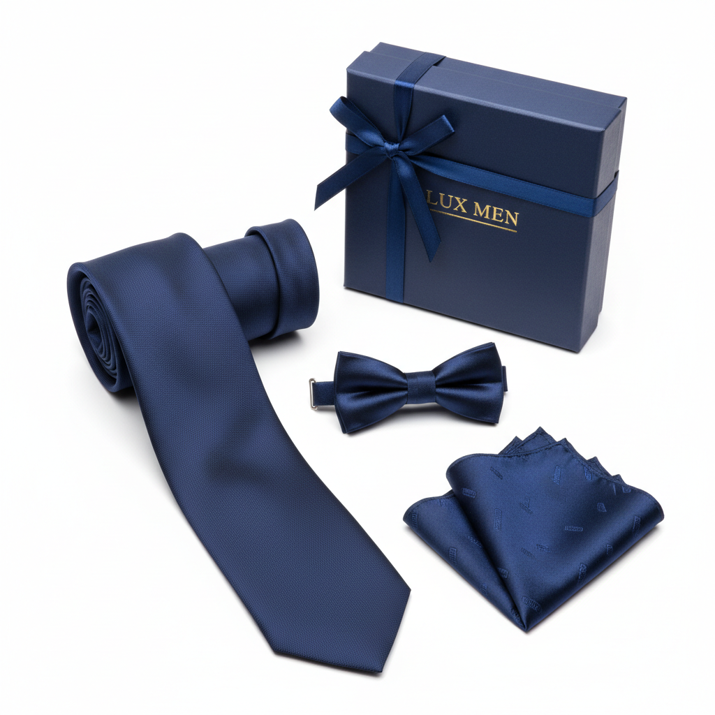 Set cravată business, papion, batistă bleumarin