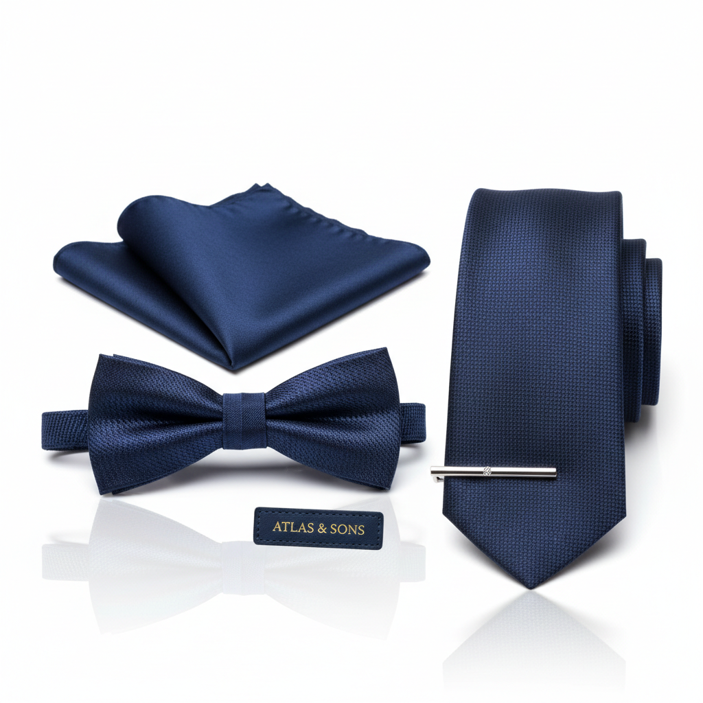 Set cravată business, papion, batistă bleumarin