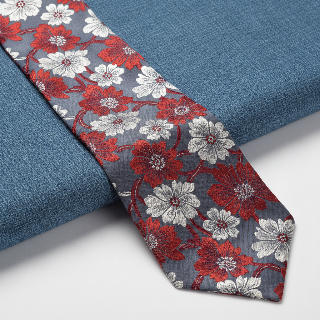 Cravată de mătase cu motiv floral, nervuri albastre