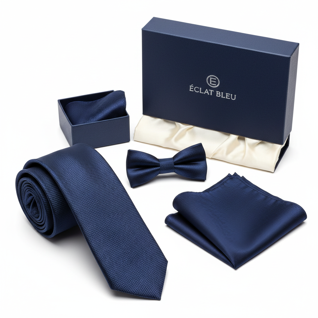 Set cravată business, papion, batistă bleumarin