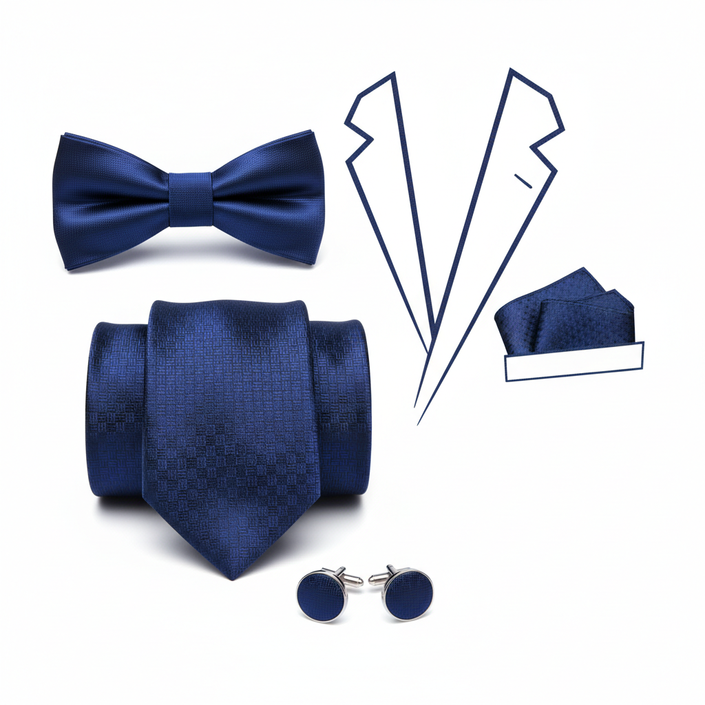 Set cravată business, papion, batistă bleumarin